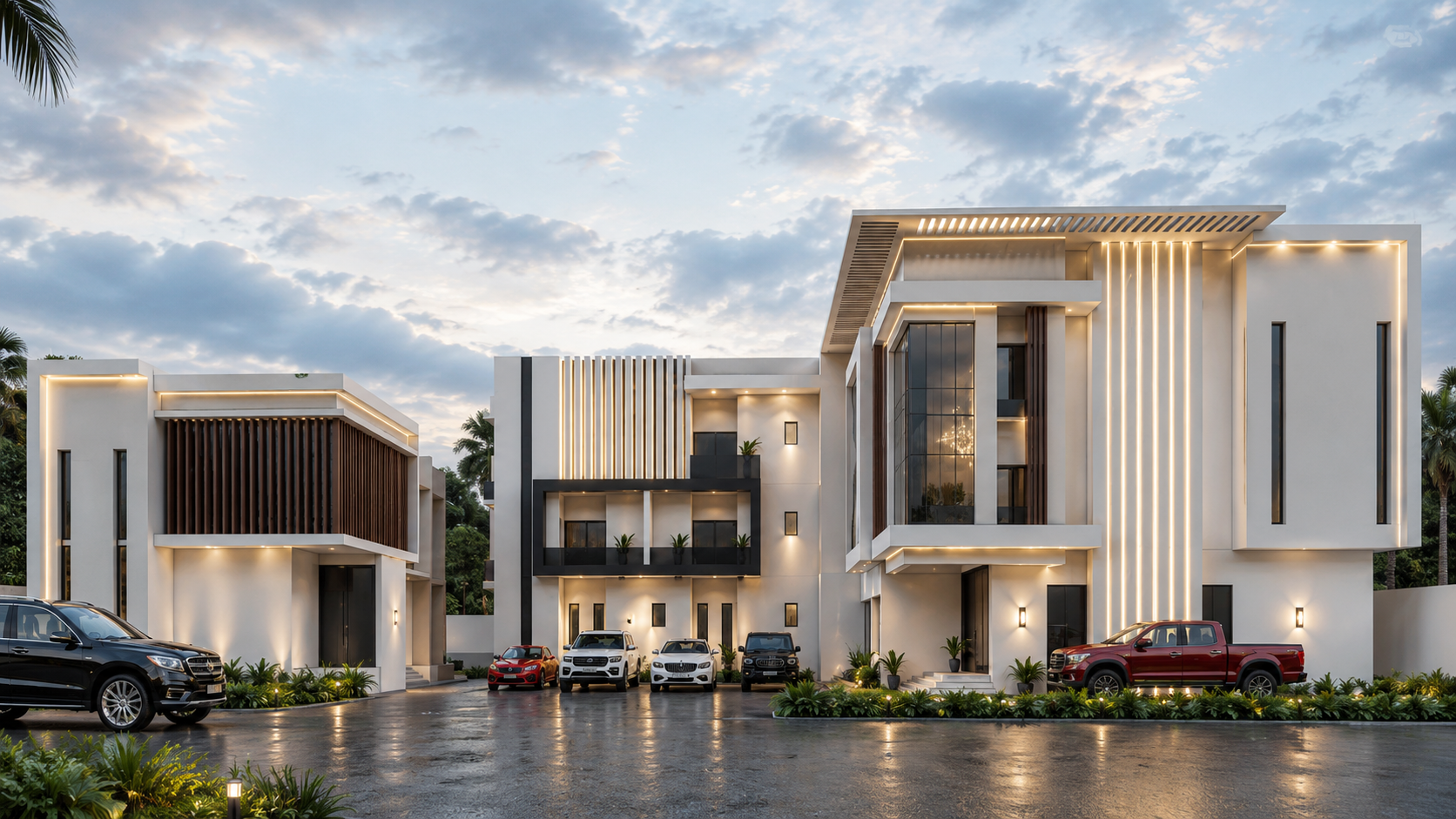 Modern residence built by Sheltaplux, dusk exterior with landscaped grounds